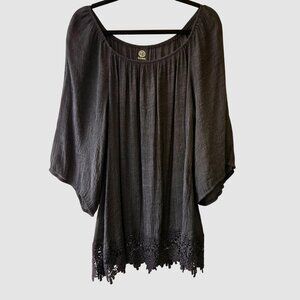 Bobeau Black Boho Tunic Top Crochet Hem Flowy Sleeves Womens 1X Witchy Whimsigot